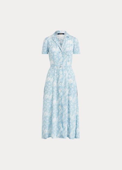 Vestidos Polo Ralph Lauren Mujer Azules / Blancos - Floral Crepe Midi - DWITO7683